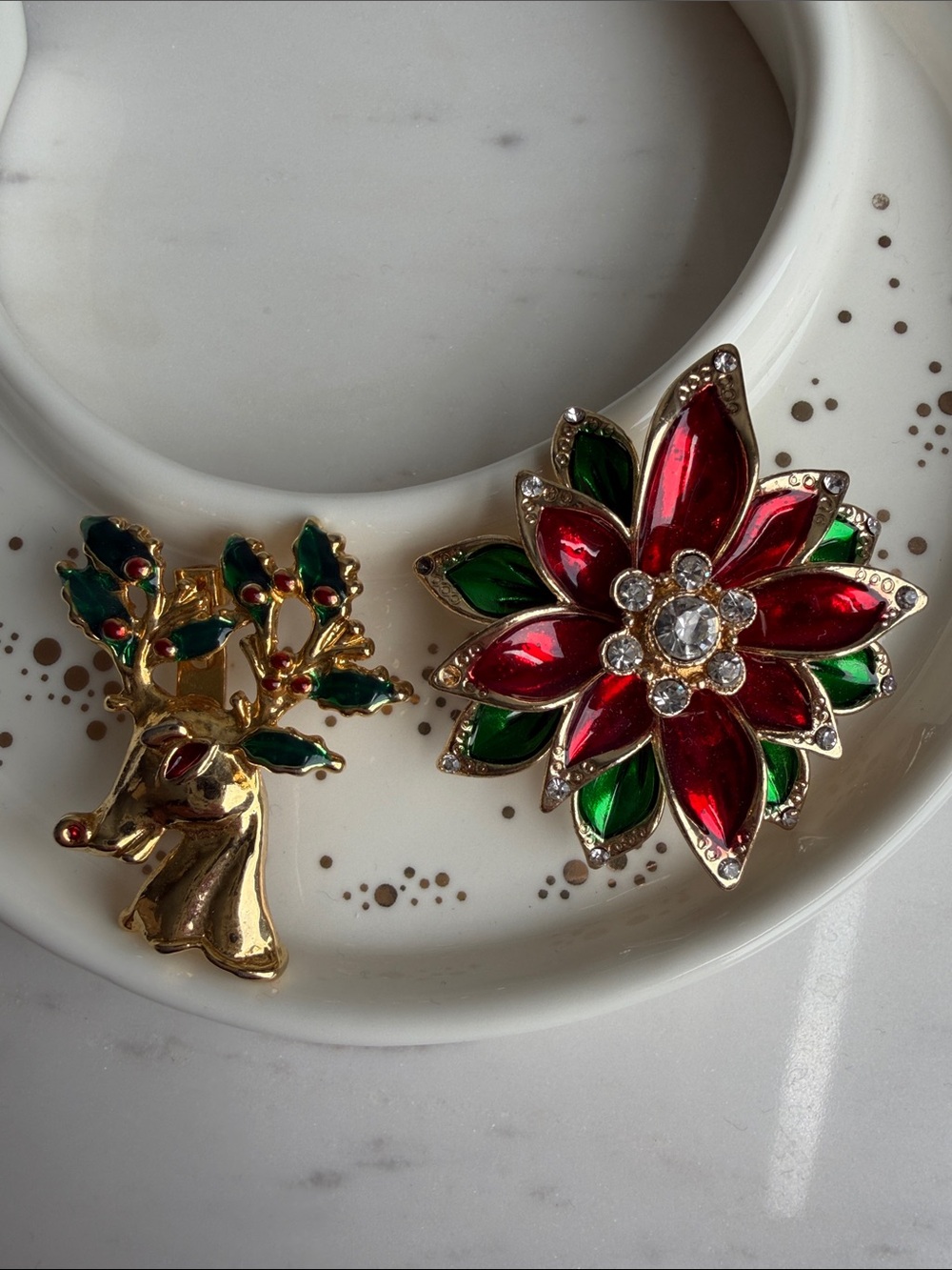 Vintage Holiday Poinsettia and Rudolph with Holly Brooches- Festive